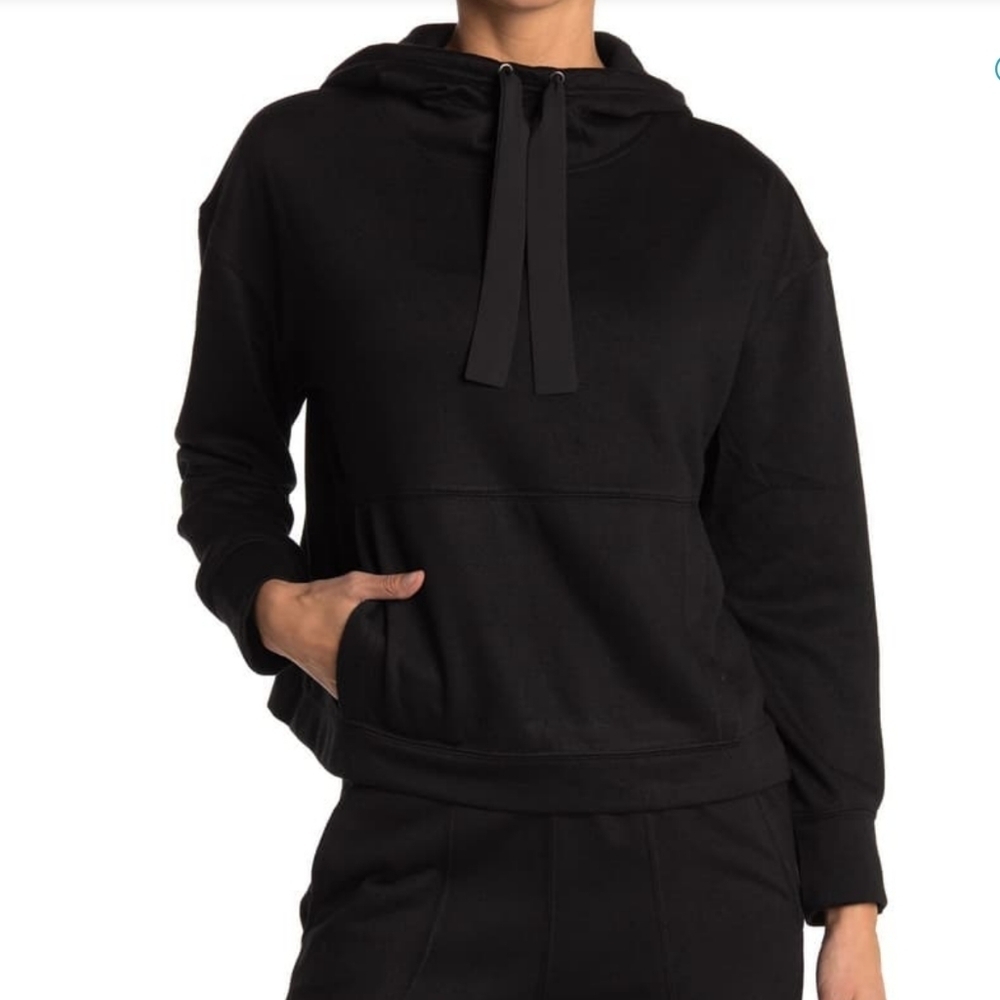 Magaschoni Pullover Hooded Drawstring Kangaroo Pocket Viscose Blend Black L NWT